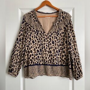 Vineyard Vines Leopard Print V-Neck Ruffle Blouse - Beige/Black Size L